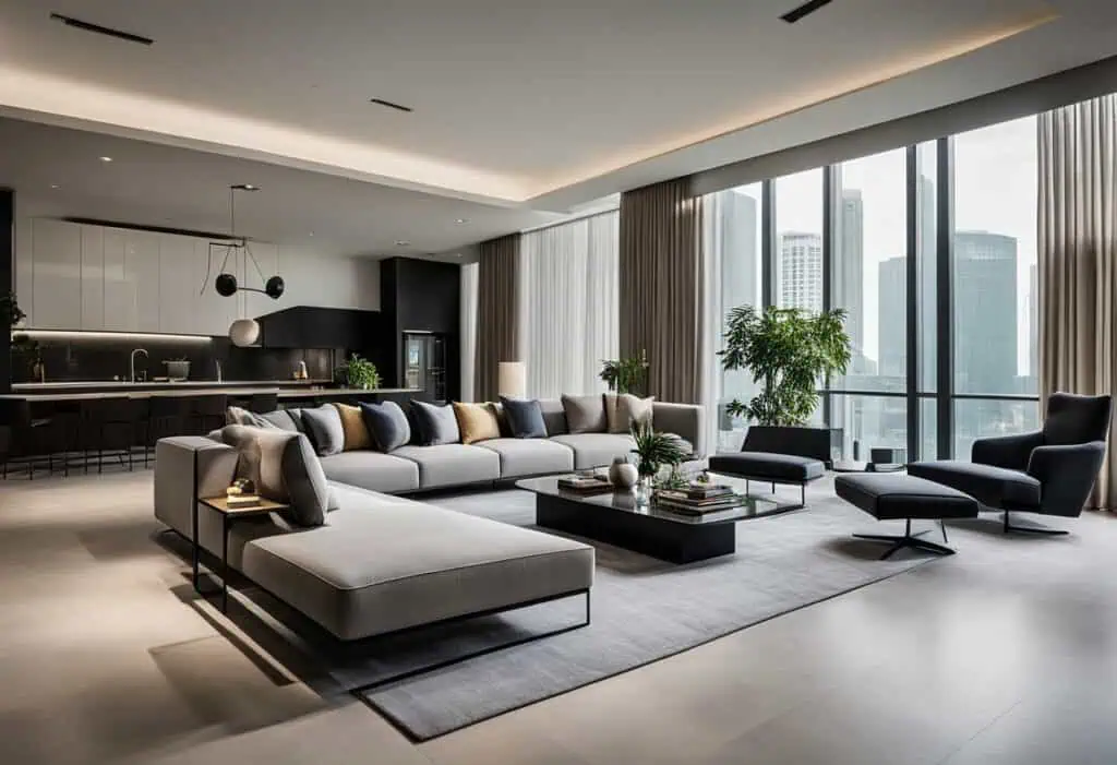 Luxurious Minotti sofa set in a sleek, modern living room with floor-to-ceiling windows and city sky.