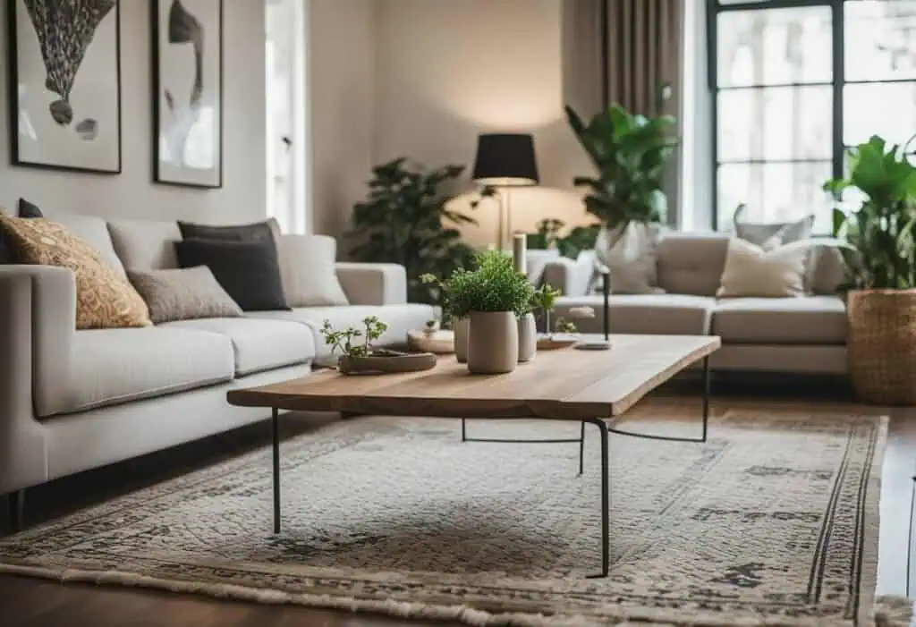 Stylish living room featuring contemporary furniture, cozy cushions, and lush indoor plants for a we.