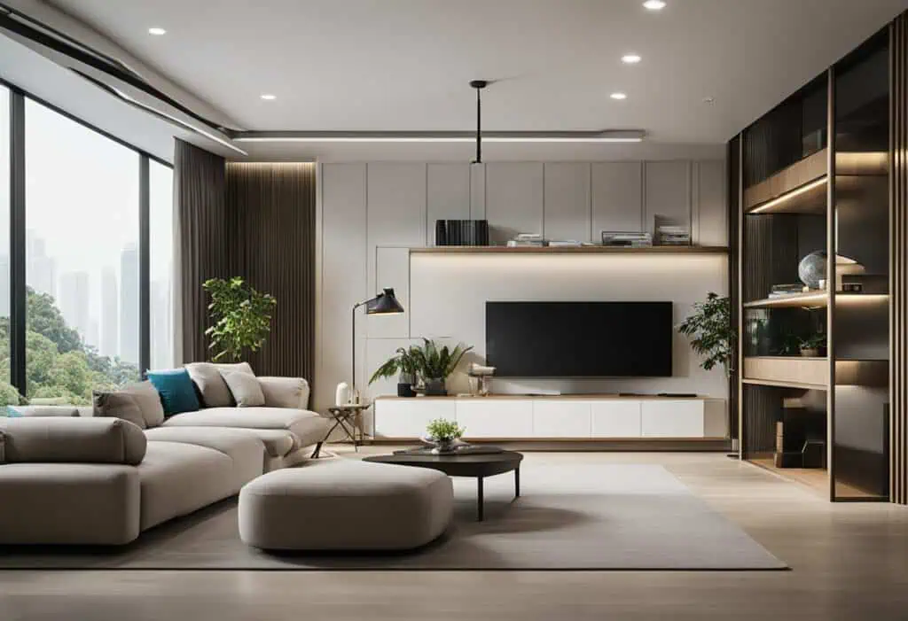 Stylish modern living room with high-quality furniture and large windows in Singapore.