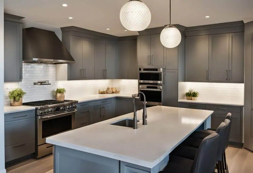 Modern gray kitchen with island, pendant lights, and sleek cabinetry.