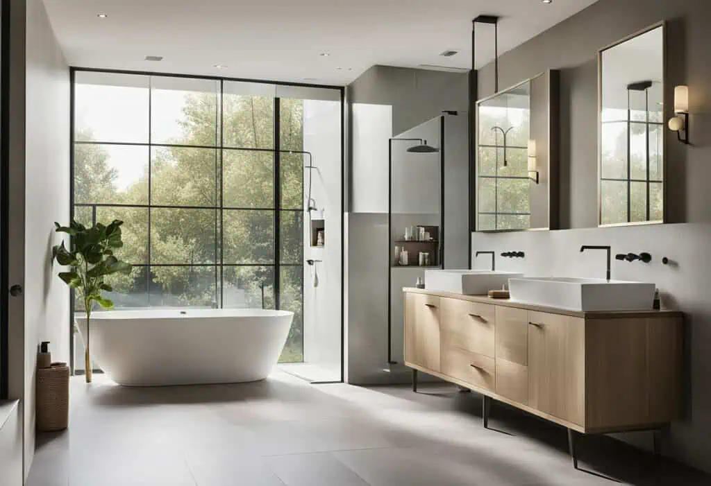 Elegant modern bathroom with sleek fixtures and minimalist design.