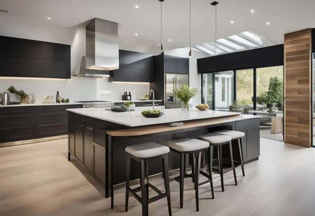 Stylish modern kitchen featuring a large island, sleek black cabinets, and abundant natural light fo.
