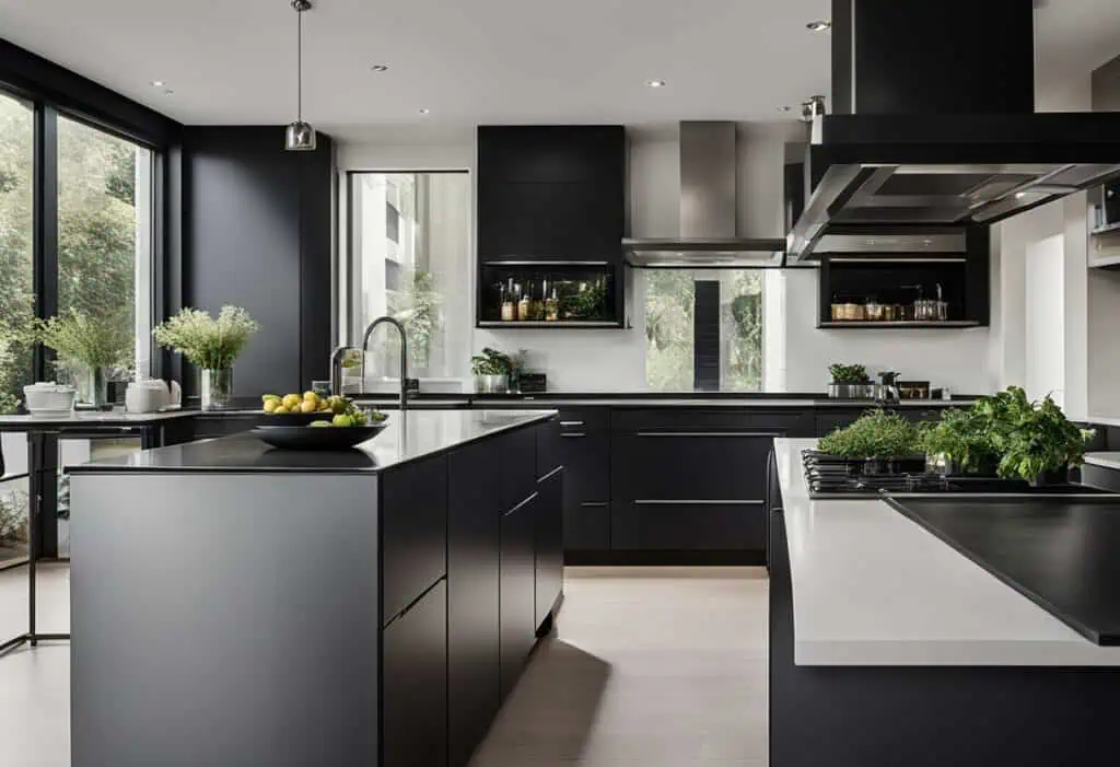 Black sleek modern kitchen with minimalist cabinetry and large windows for natural light.