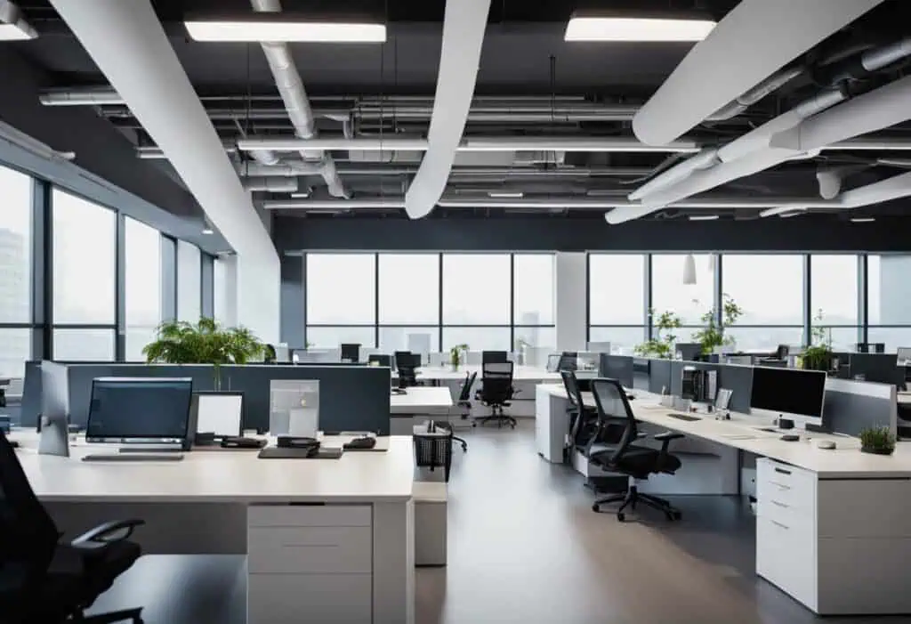 Call Center Office with Modern Open Layout and Ergonomic Workstations.