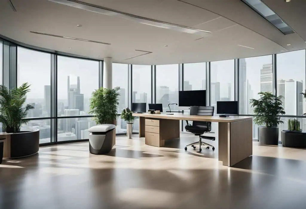 Sleek modern CEO office with panoramic city views and contemporary furniture.