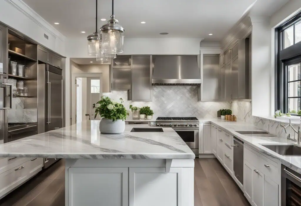 Elegant modern classic kitchen with stainless steel appliances and marble countertops.
