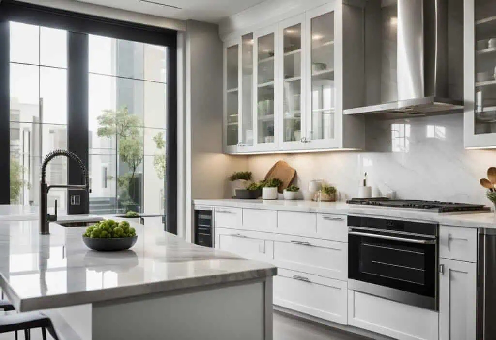 Sleek, stylish modern closed kitchen with white cabinetry, stainless steel appliances, and minimalis.