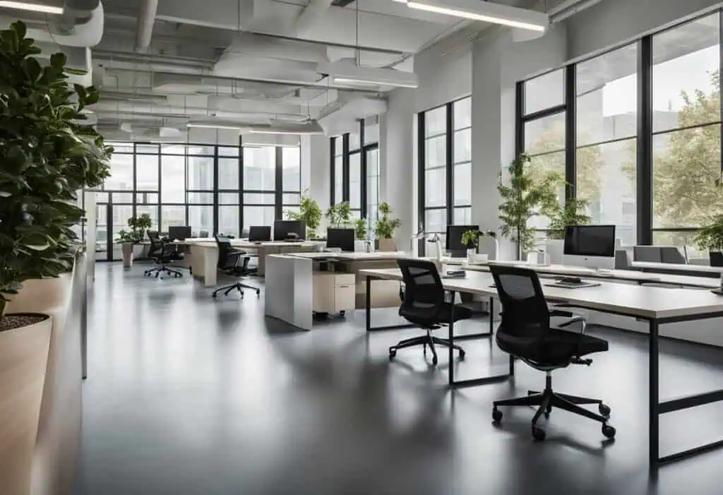Modern contemporary office interior with sleek desks and large windows for a bright workspace.