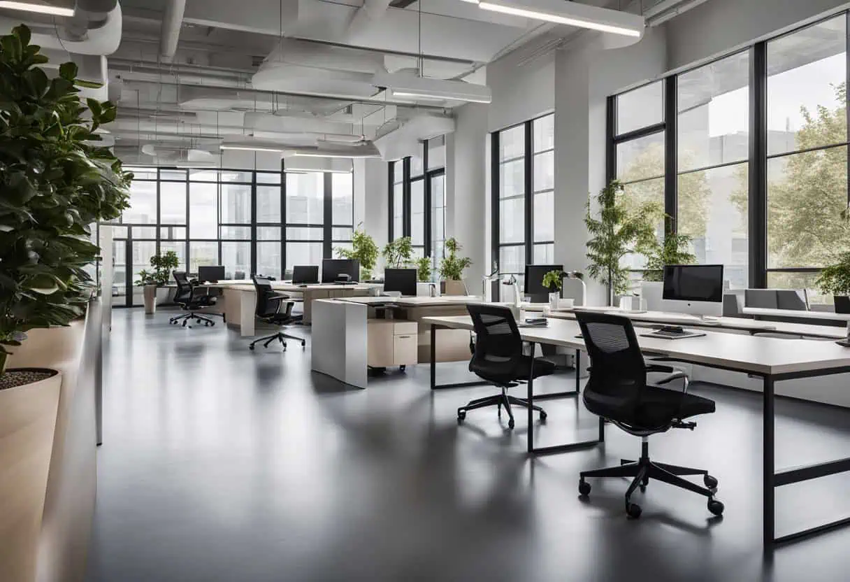 Modern contemporary office interior with sleek desks and large windows for a bright workspace.