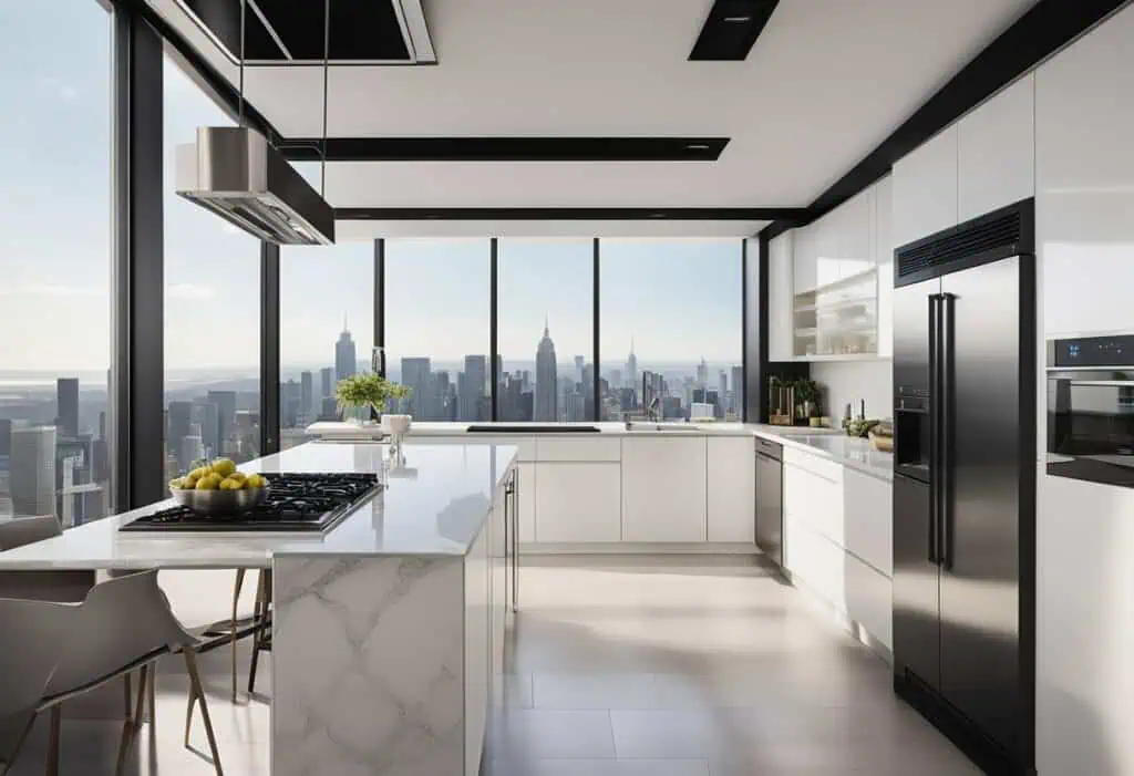 Elegant modern corner kitchen with sleek white cabinetry and large city views.