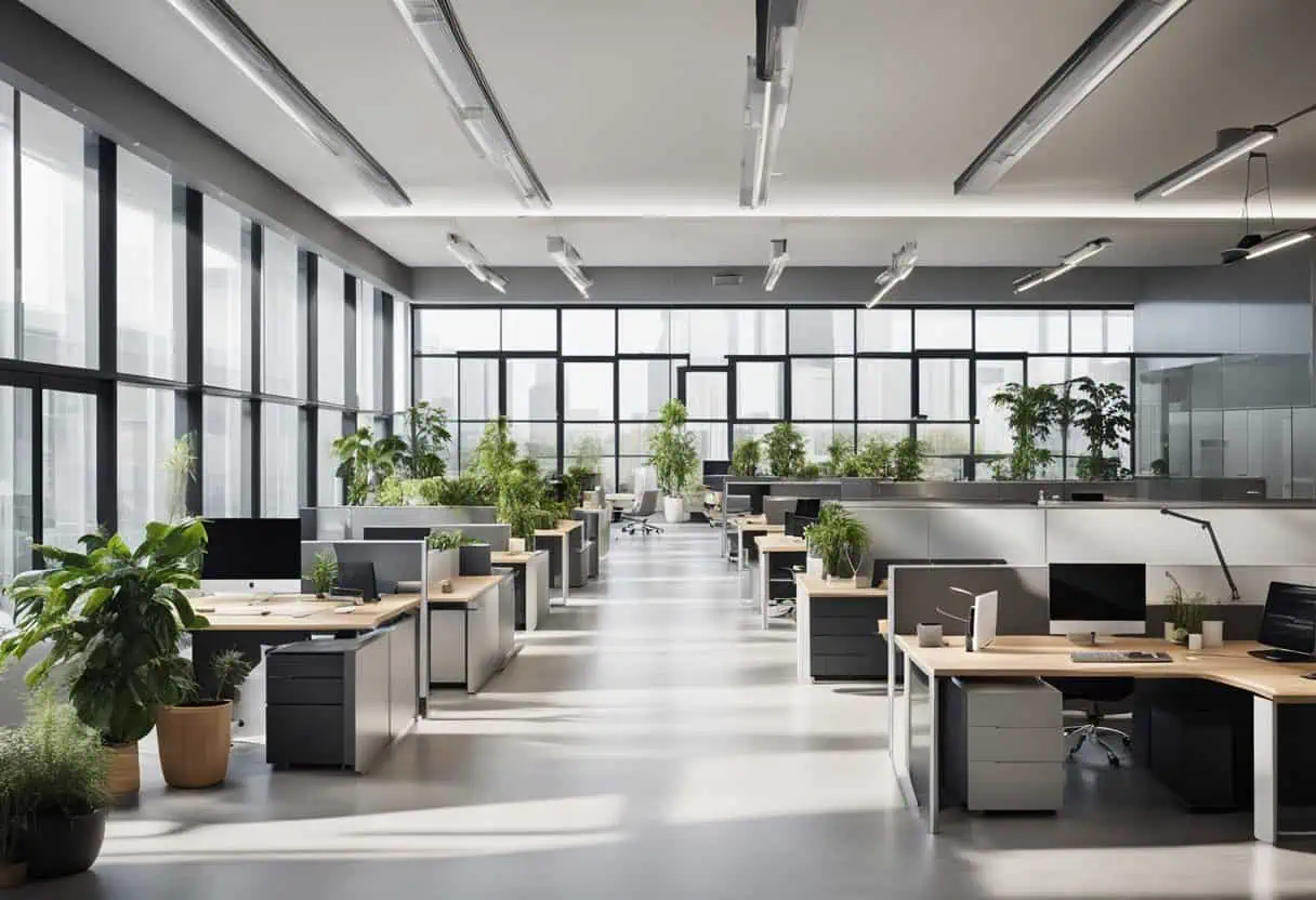 Modern corporate office with open-plan layout and natural light.