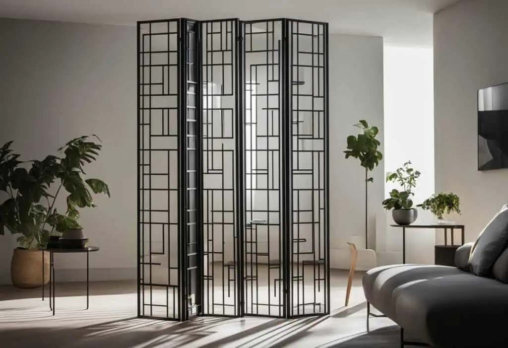 Stylish black metal room divider with geometric design for contemporary living spaces.