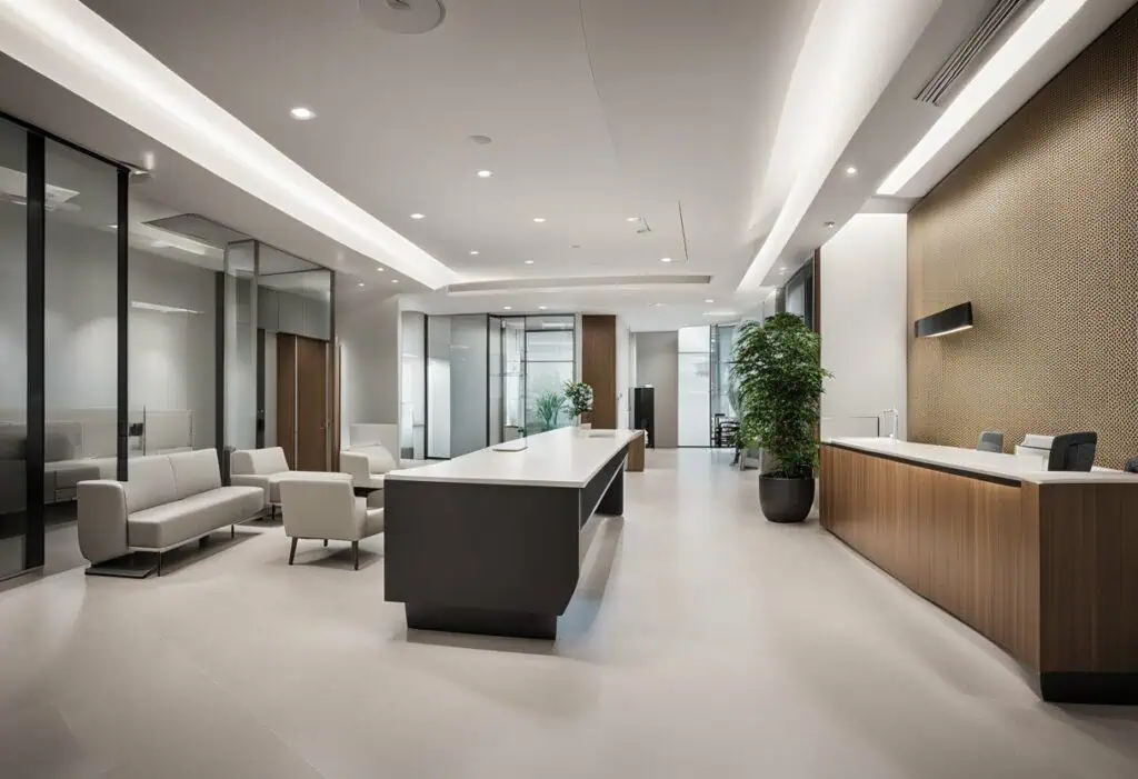 Modern doctors office with sleek design and spacious waiting area.