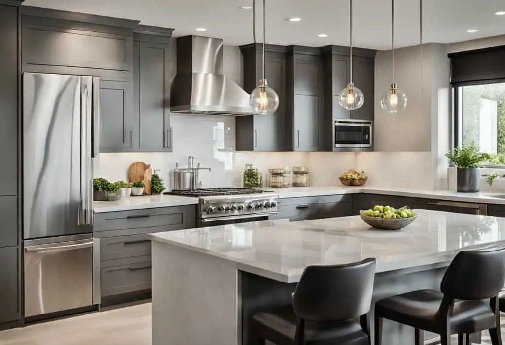 Sleek modern dry kitchen with gray cabinets, island, and pendant lighting.