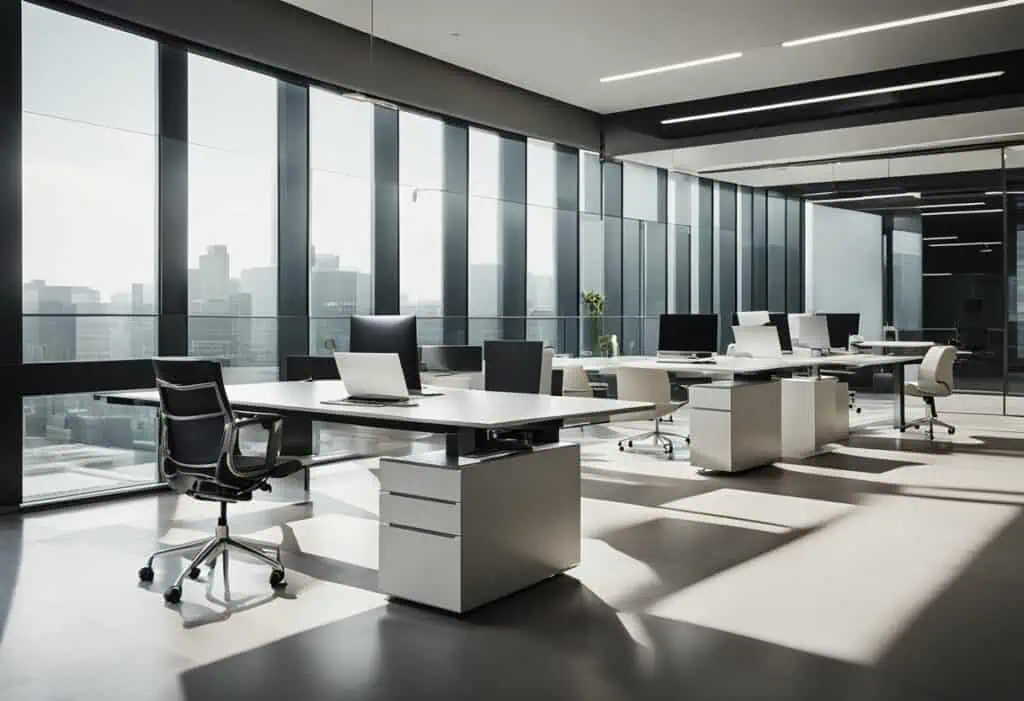 Elegant modern executive office with large windows and sleek furniture.