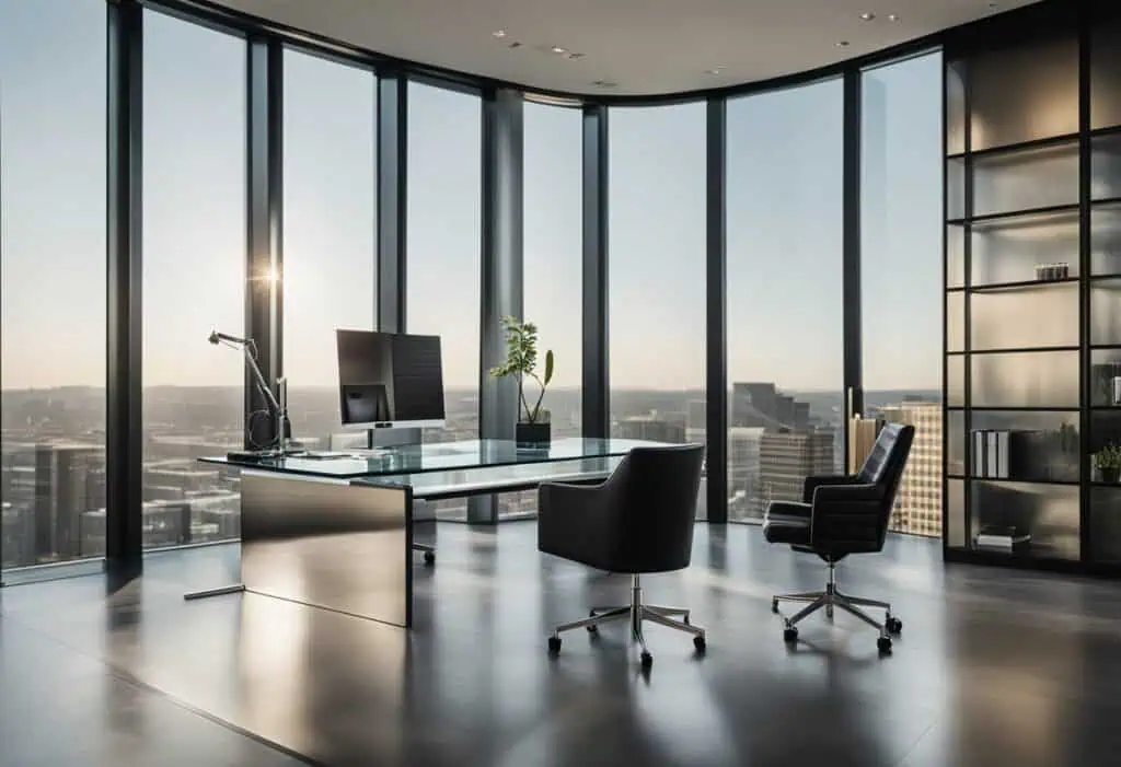 High-rise office with sleek glass walls and modern furniture, ideal for creating a productive worksp.