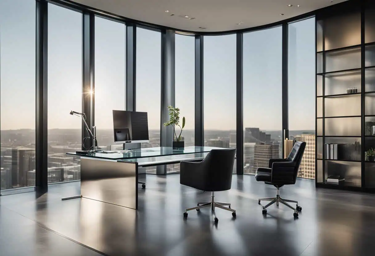 High-rise office with sleek glass walls and modern furniture, ideal for creating a productive worksp.