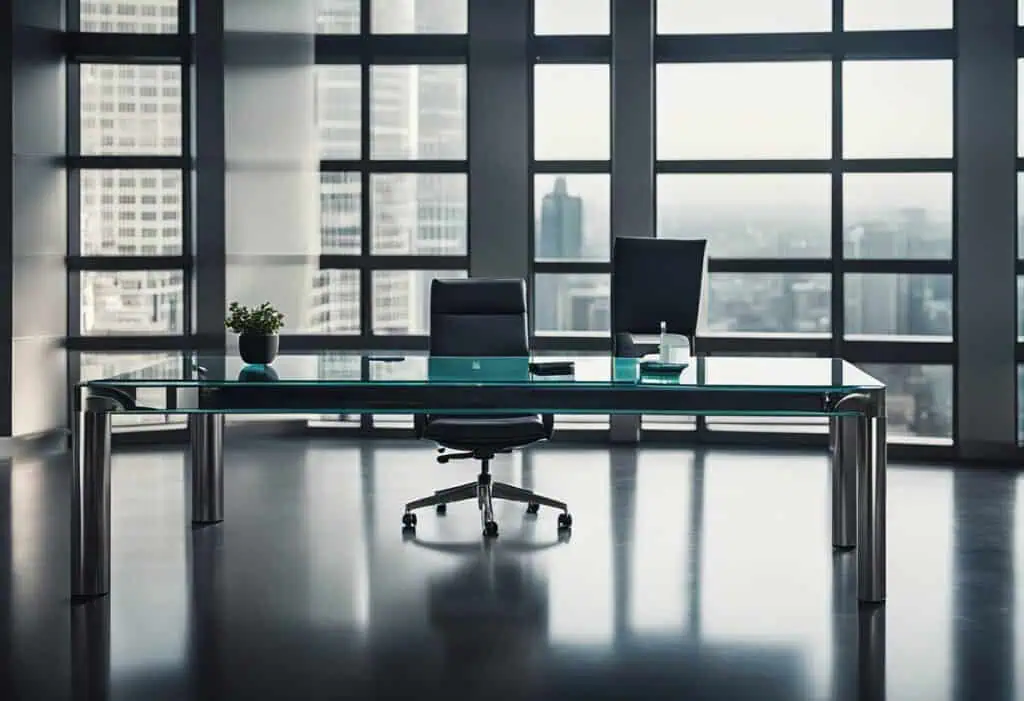 Sleek modern office desk with glass top in a high-rise workspace.