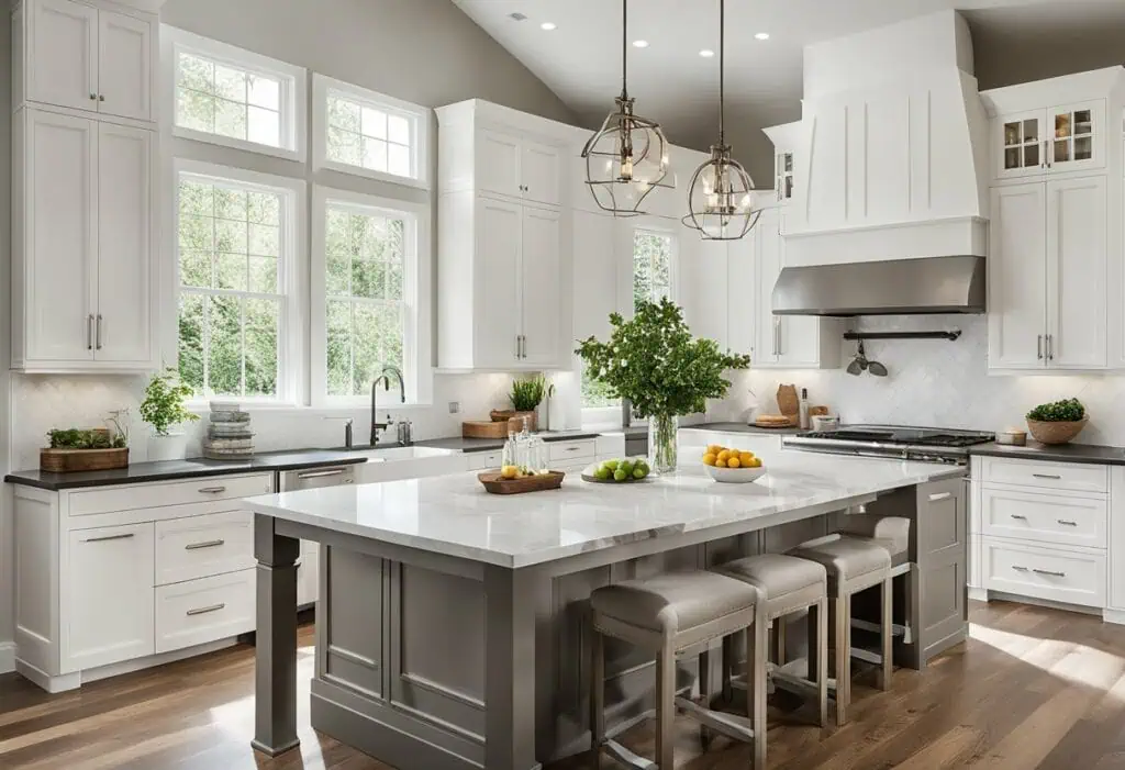 Bright white farmhouse kitchen with large windows and central island.