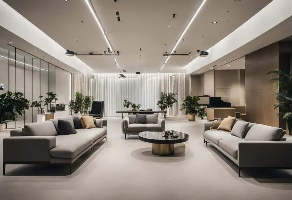 Stylish modern furniture setup in a spacious living room featuring sleek sofas, lush plants, and min.