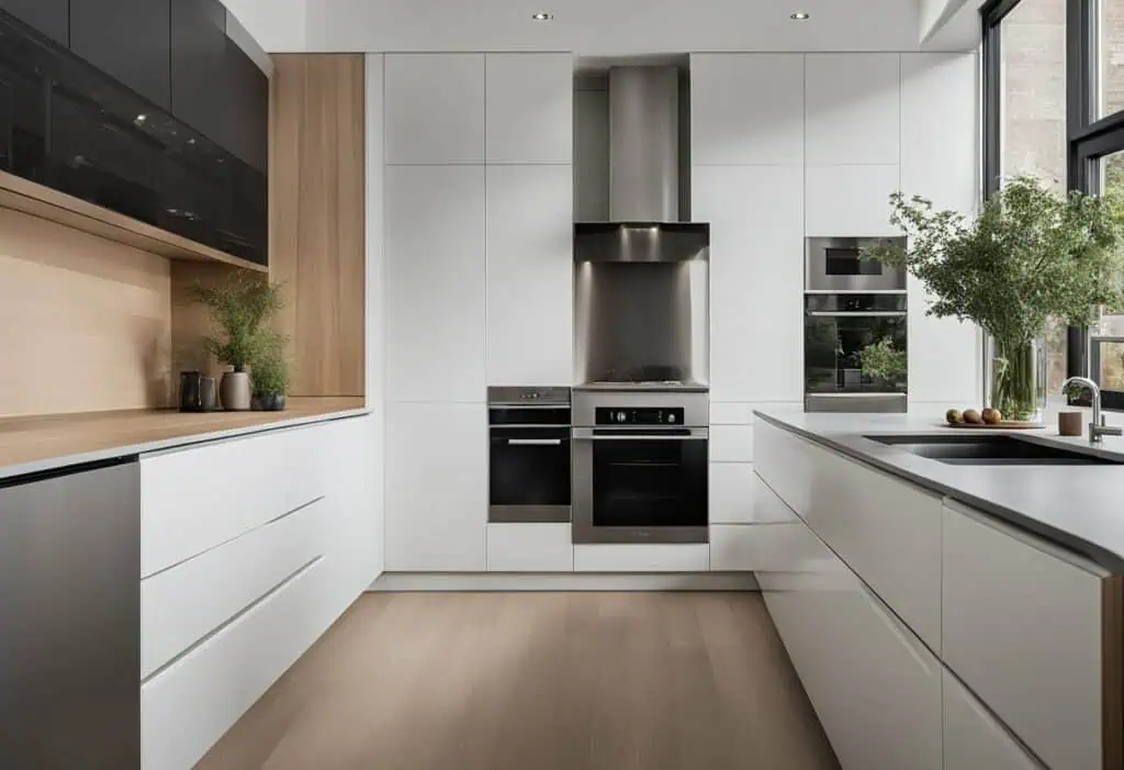 Bright and minimalist German kitchen with stainless steel appliances and ample natural light.