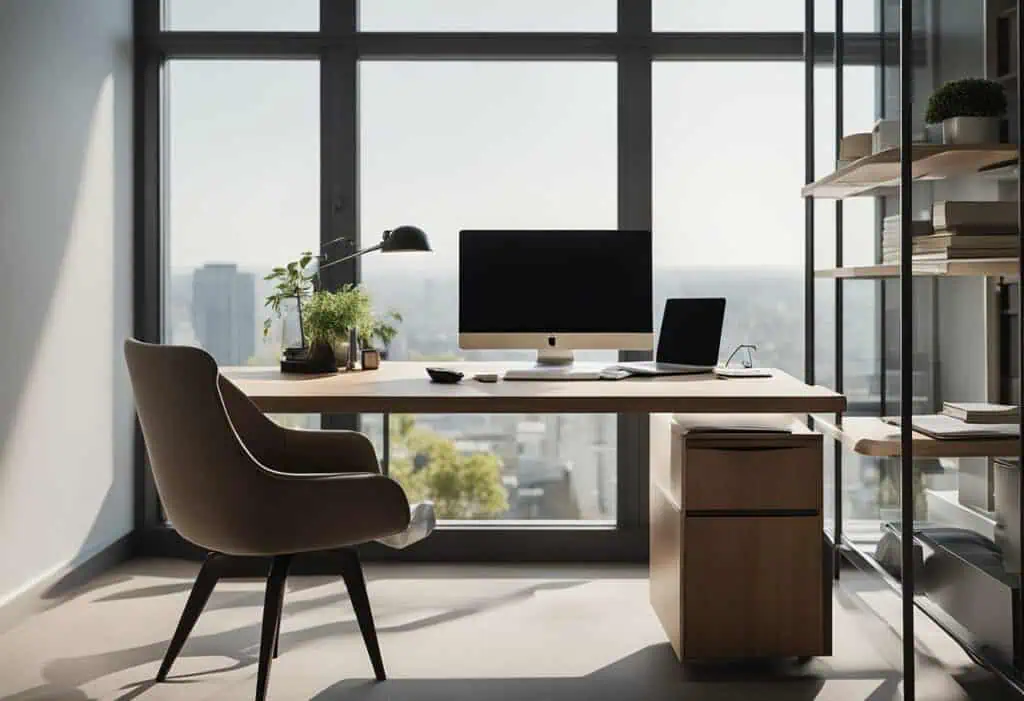 Modern home office with desk, chair, and large window for small space productivity.