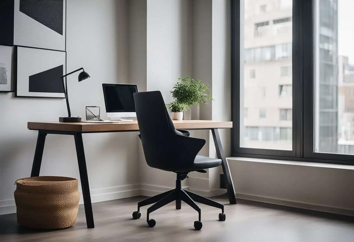 Modern home office with sleek desk, ergonomic chair, and natural light for an inspiring workspace.