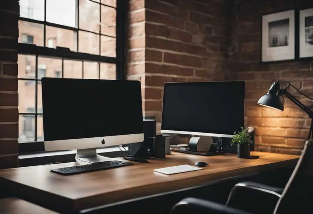 Modern industrial home office with sleek computers and stylish decor.