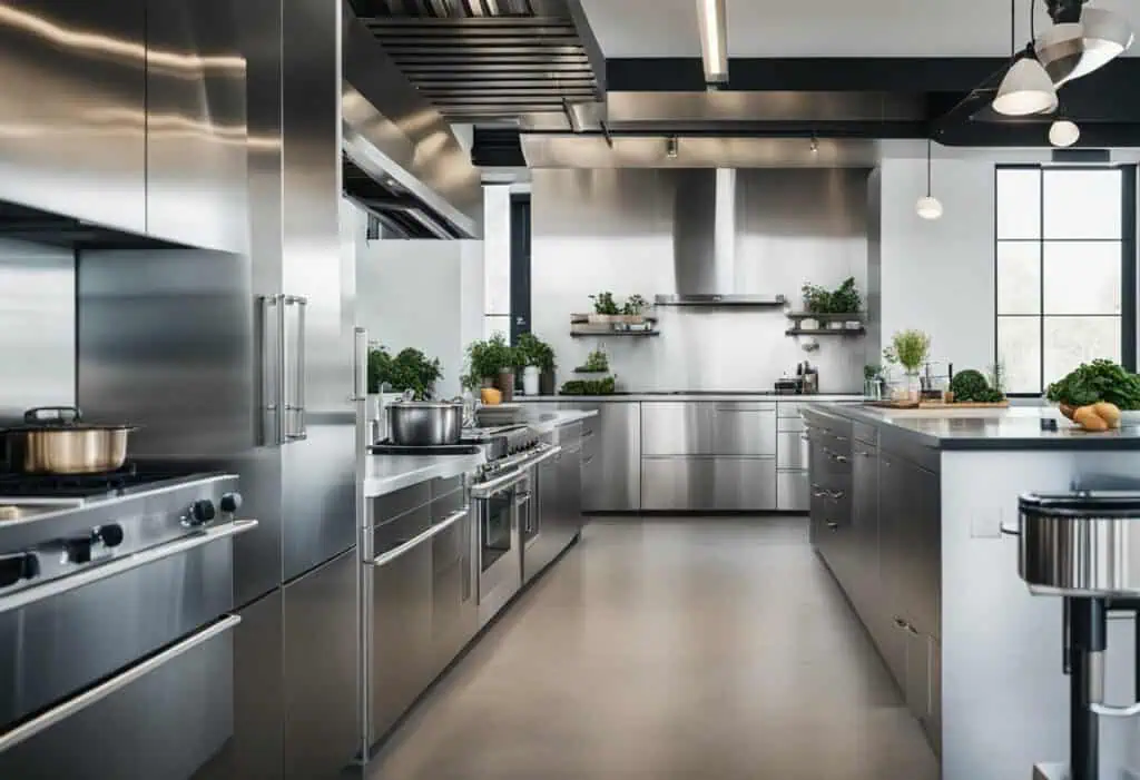 Sleek stainless steel industrial kitchen with modern appliances and minimalist decor.