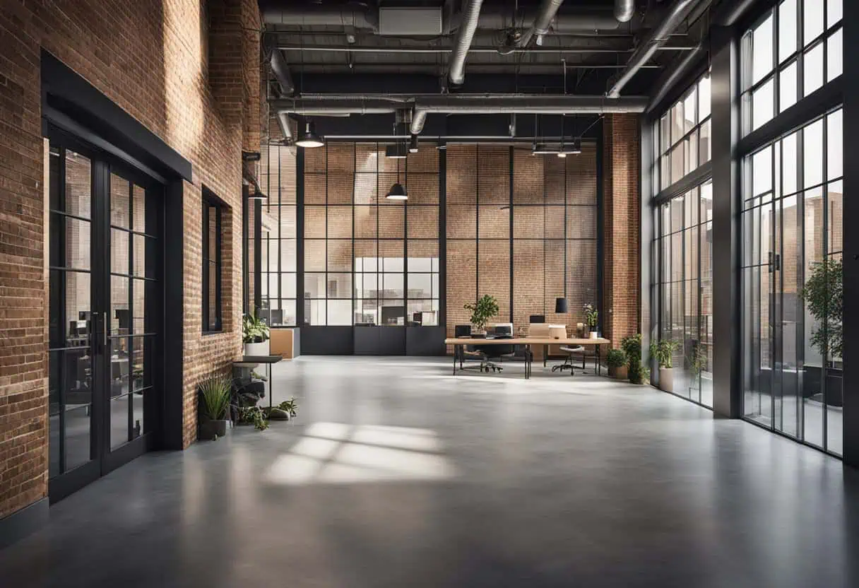 Industrial office interior with exposed brick walls and large windows.