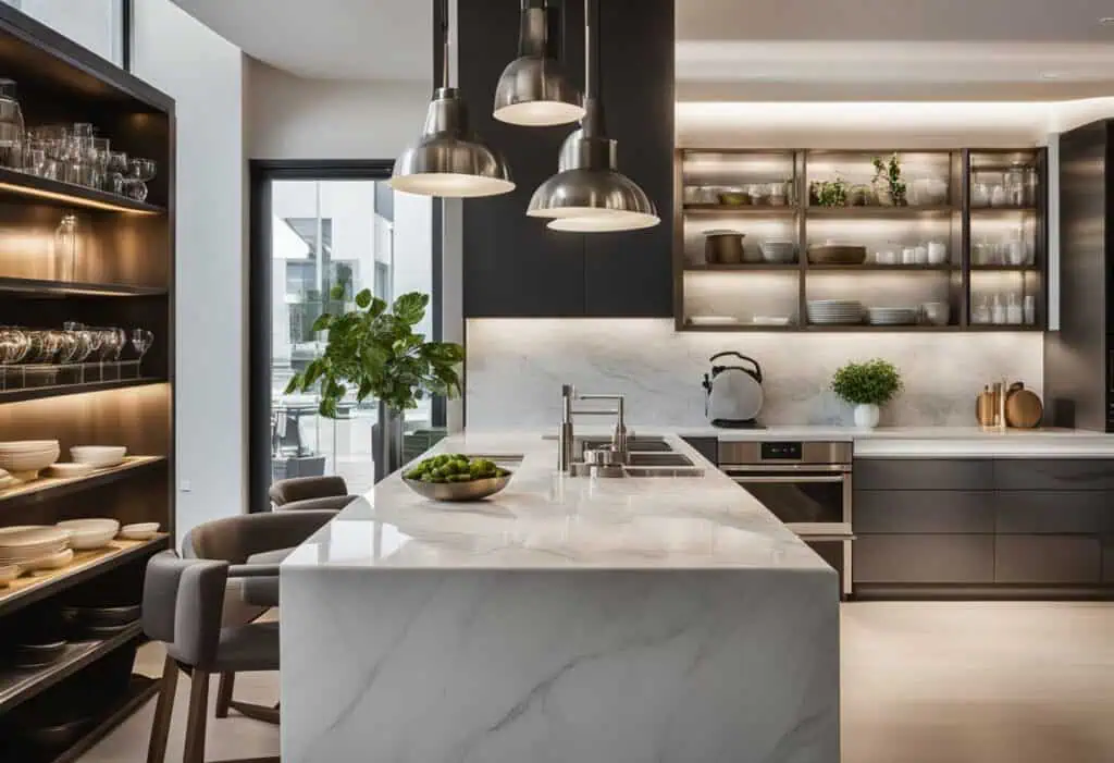 Elegant modern Italian kitchen with sleek cabinetry and marble island.