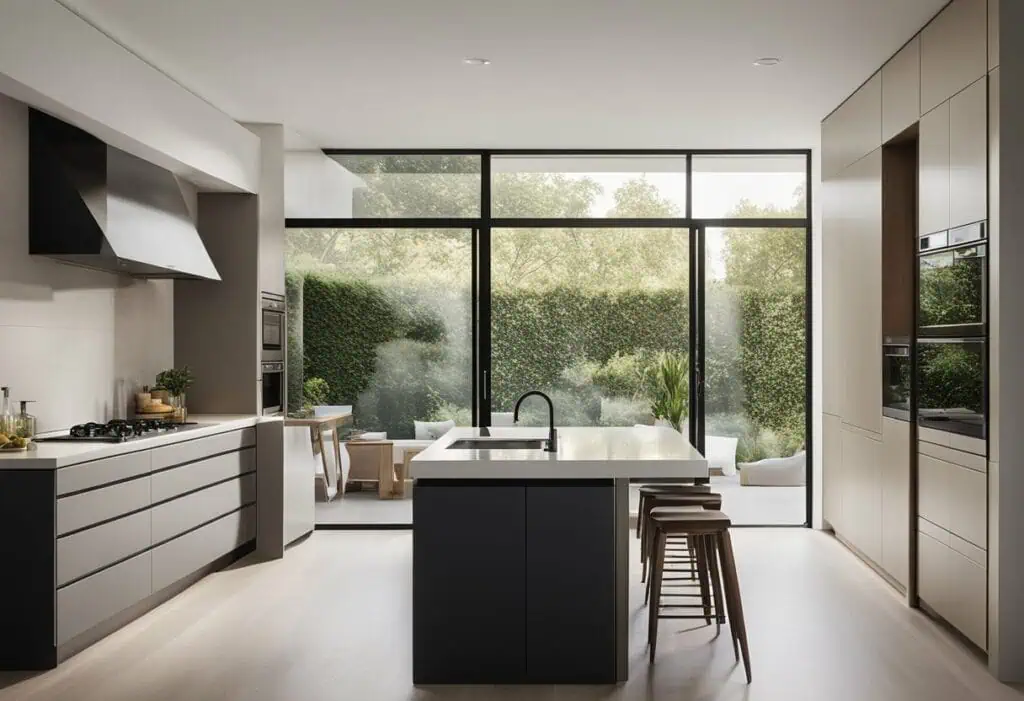 Elegant Japanese-inspired kitchen with sleek cabinetry and large windows for natural light.