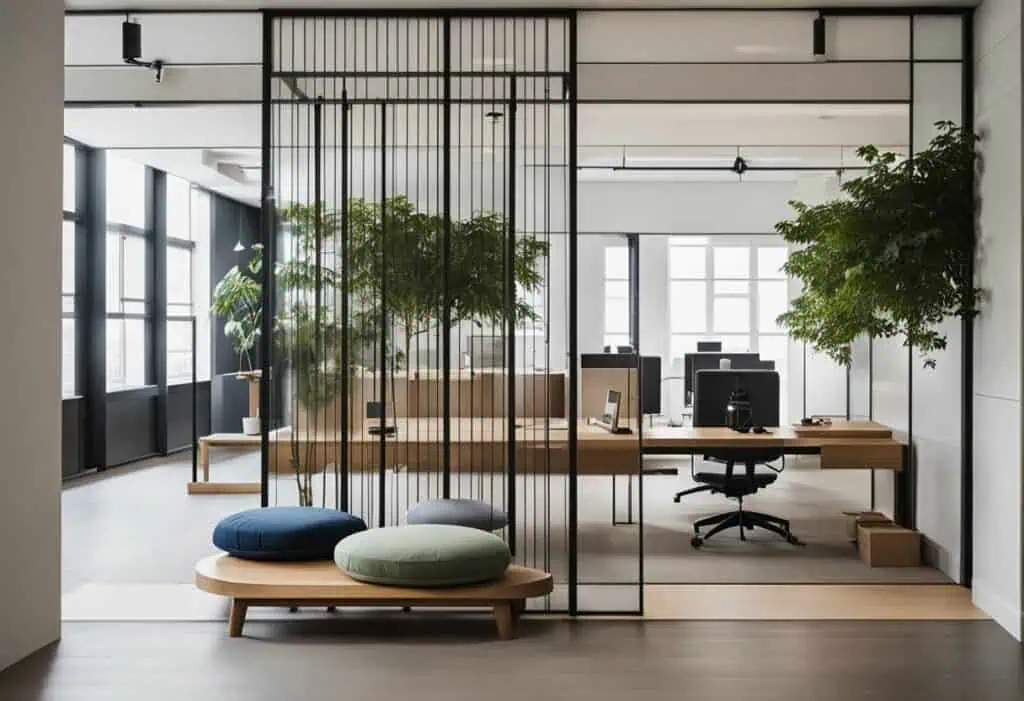 Contemporary Japanese office with minimalist decor and natural greenery.