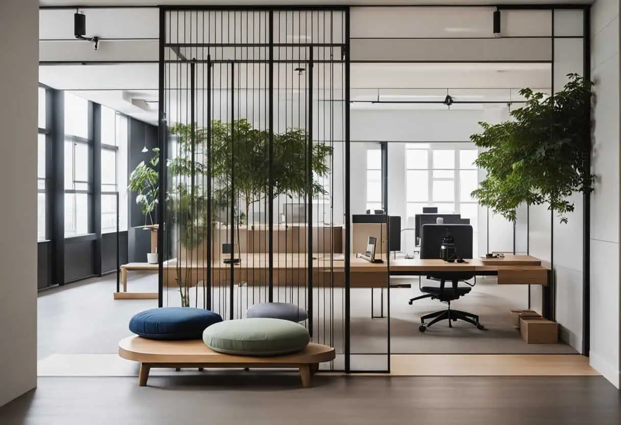 Contemporary Japanese office with minimalist decor and natural greenery.