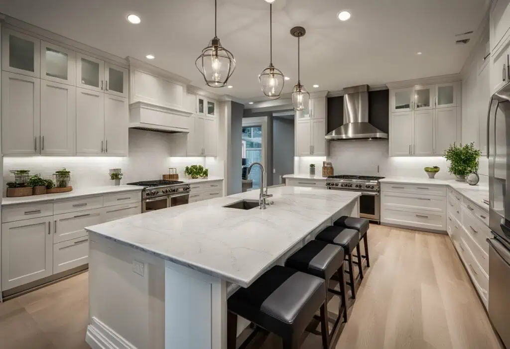 Elegant modern closed kitchen featuring white cabinetry, marble island, and stainless steel applianc.