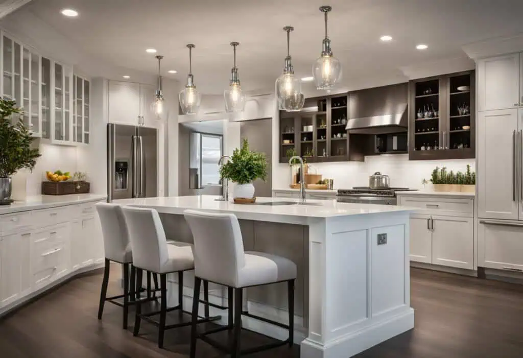 Elegant modern kitchen island with seating and pendant lighting.