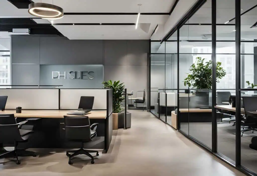 Elegant modern law office interior with sleek furniture and glass partitions.