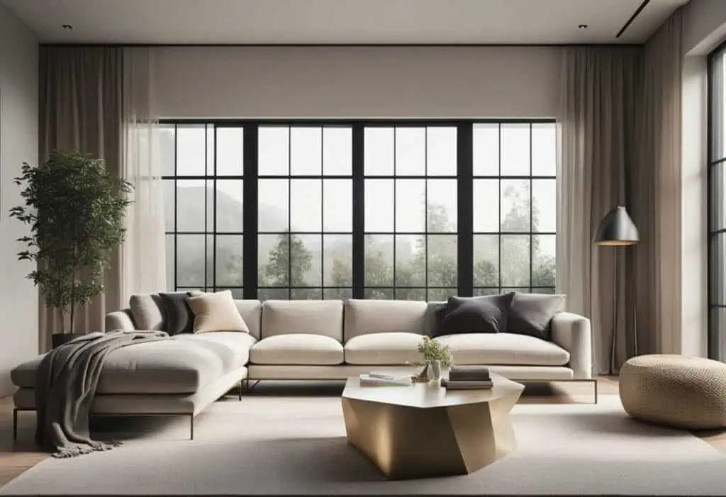 Elegant small living room with large windows and minimalist furniture.
