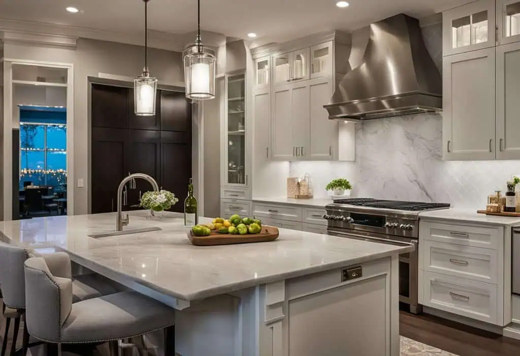 Elegant modern kitchen with white cabinetry, marble backsplash, and stainless steel appliances.