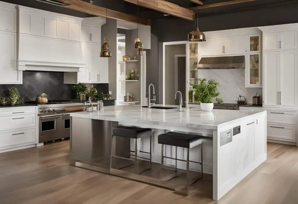 Elegant Mediterranean-inspired kitchen with white cabinetry and a spacious island. Perfect for styli.