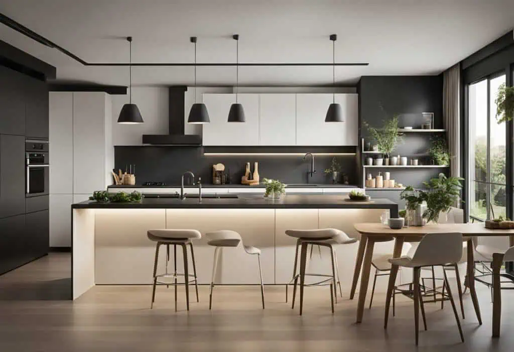 Sleek minimalist kitchen with black and white cabinetry, modern lighting, and natural light for styl.