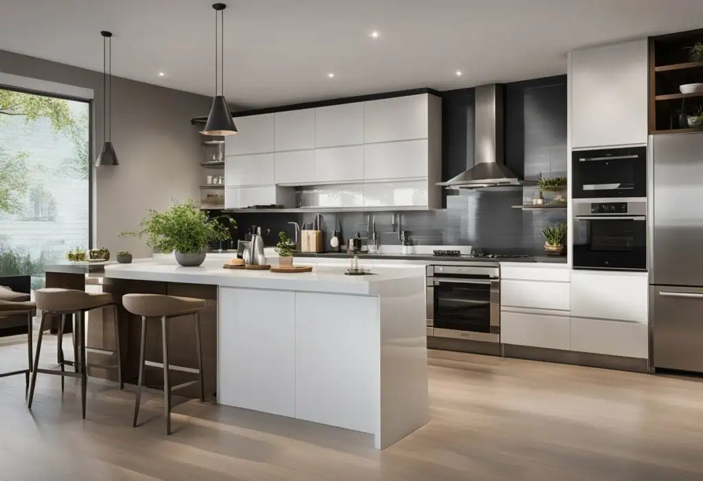 Modern modular kitchen with sleek white cabinets and stainless steel appliances.