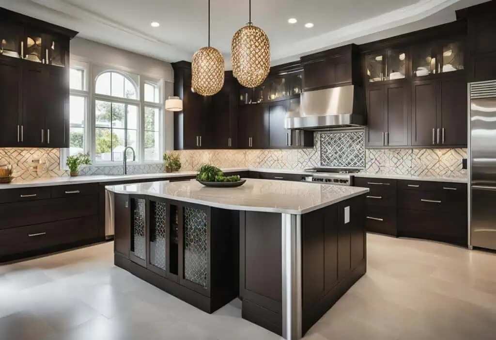 Elegant Moroccan-inspired kitchen with dark wood cabinets and a central island.
