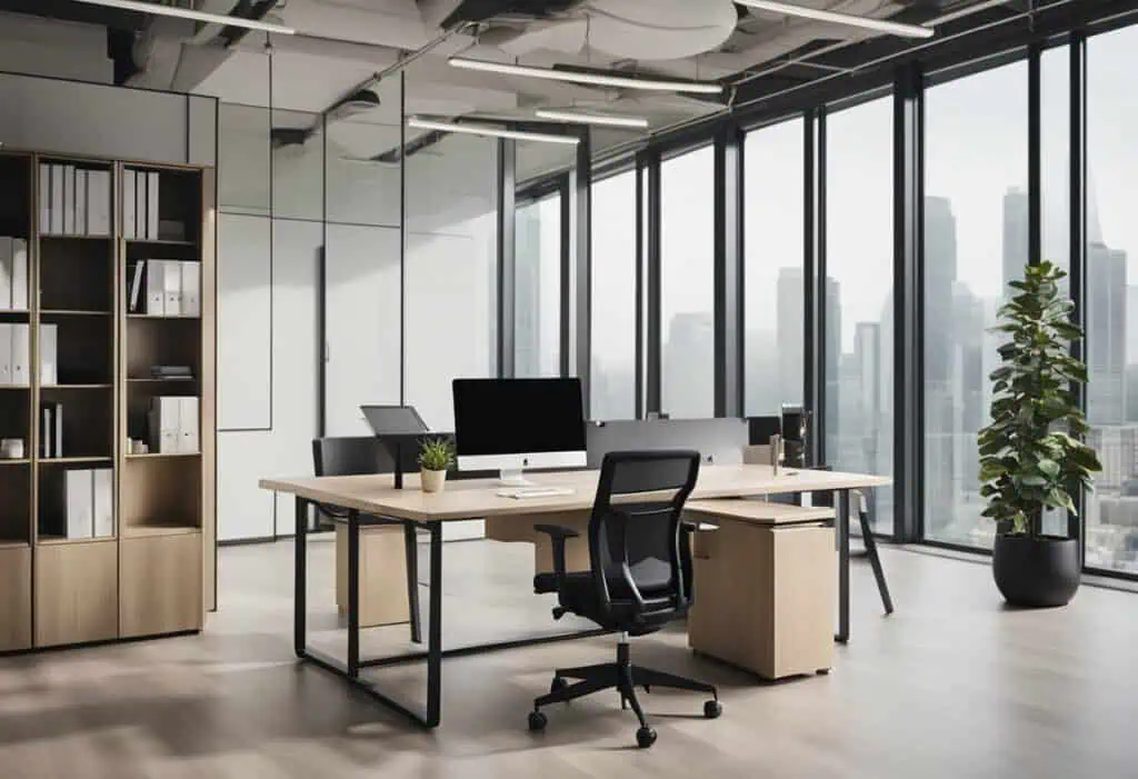 Bright modern office with sleek design and large windows.