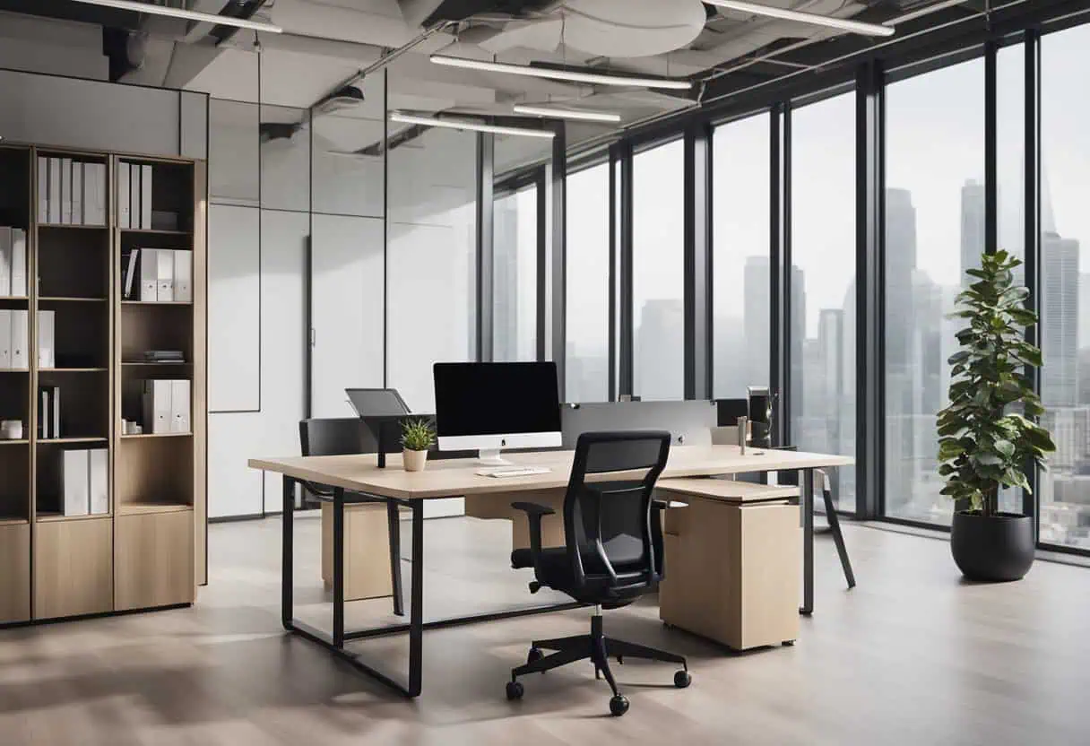 Bright modern office with sleek design and large windows.