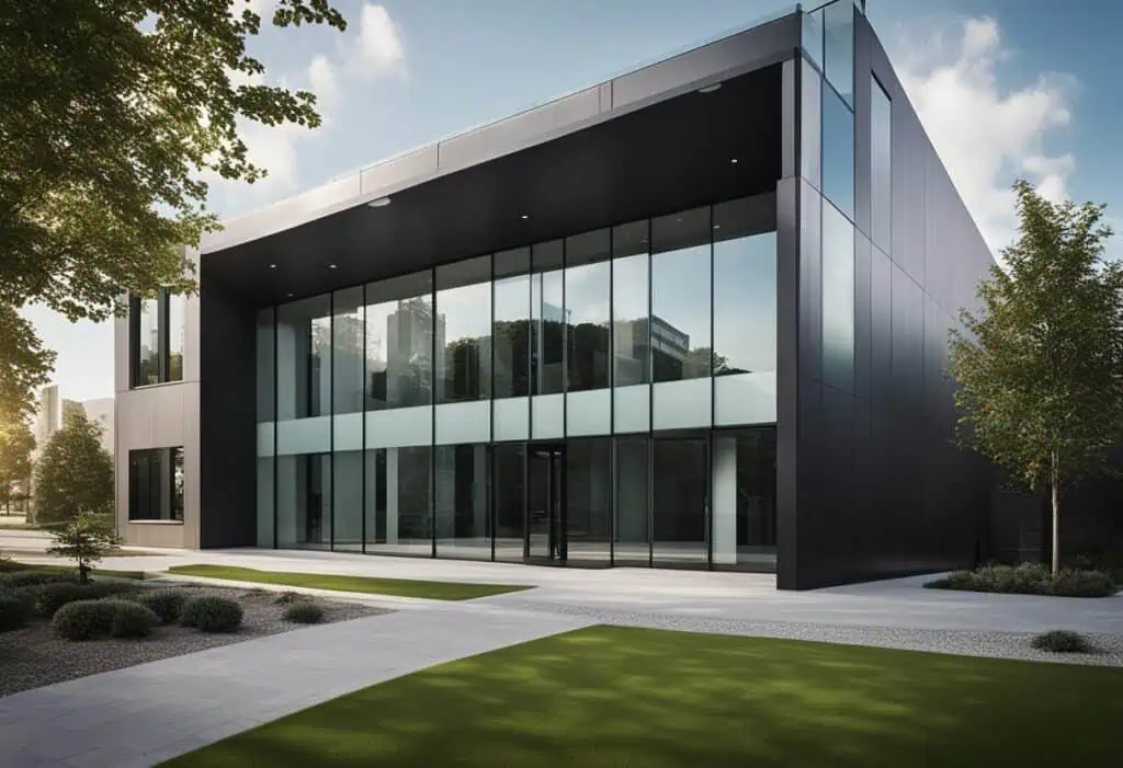 Contemporary modern office building with glass facade and sleek design.
