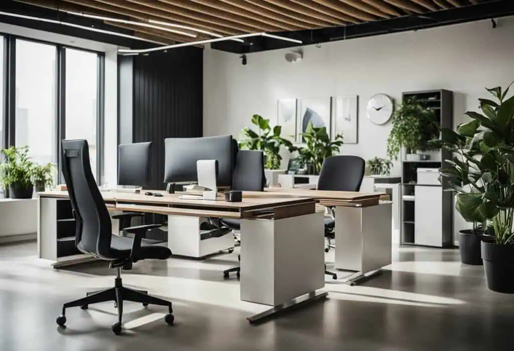 Modern office design with ergonomic desks and stylish chairs for a professional workspace.