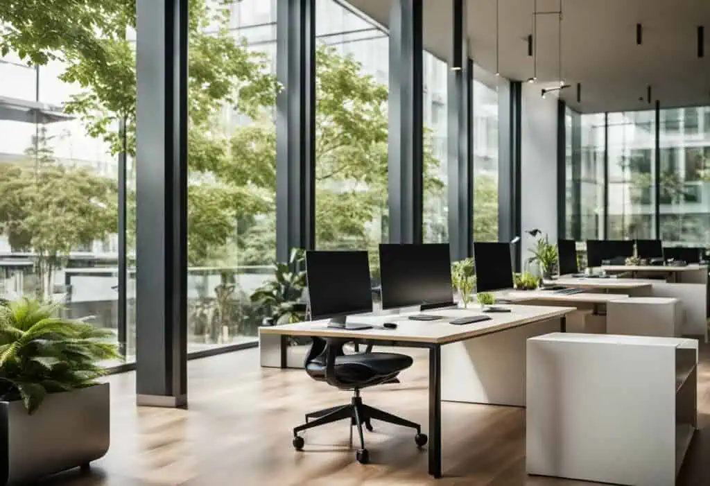 Bright modern office with compact desks and large windows for small workspace optimization.