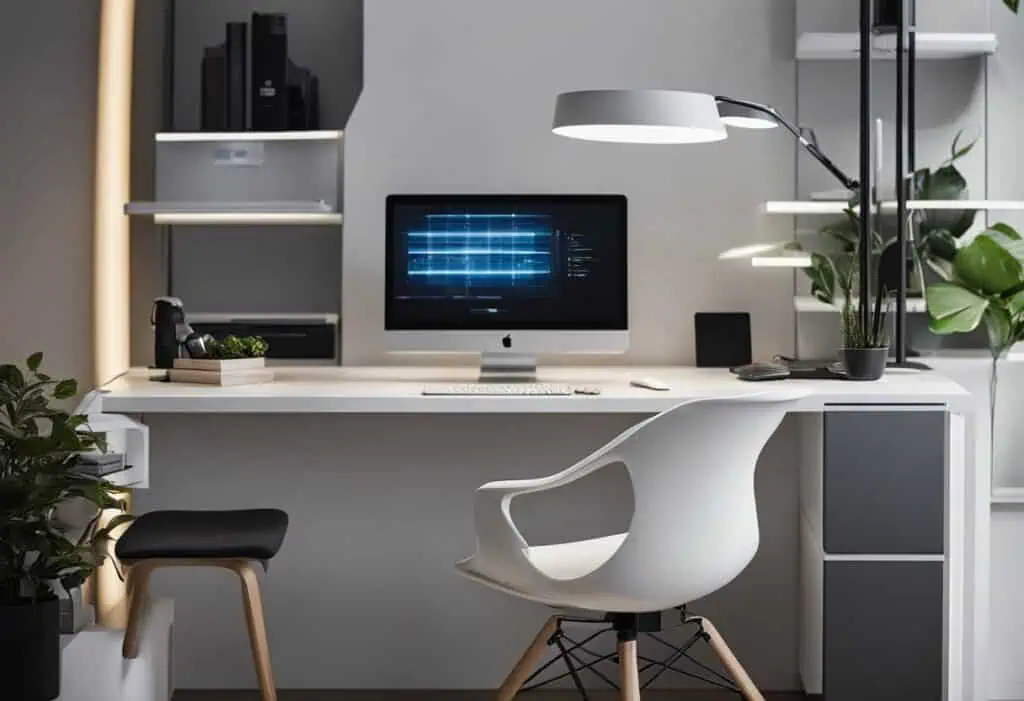Office workspace with sleek modern furniture and ergonomic chair.