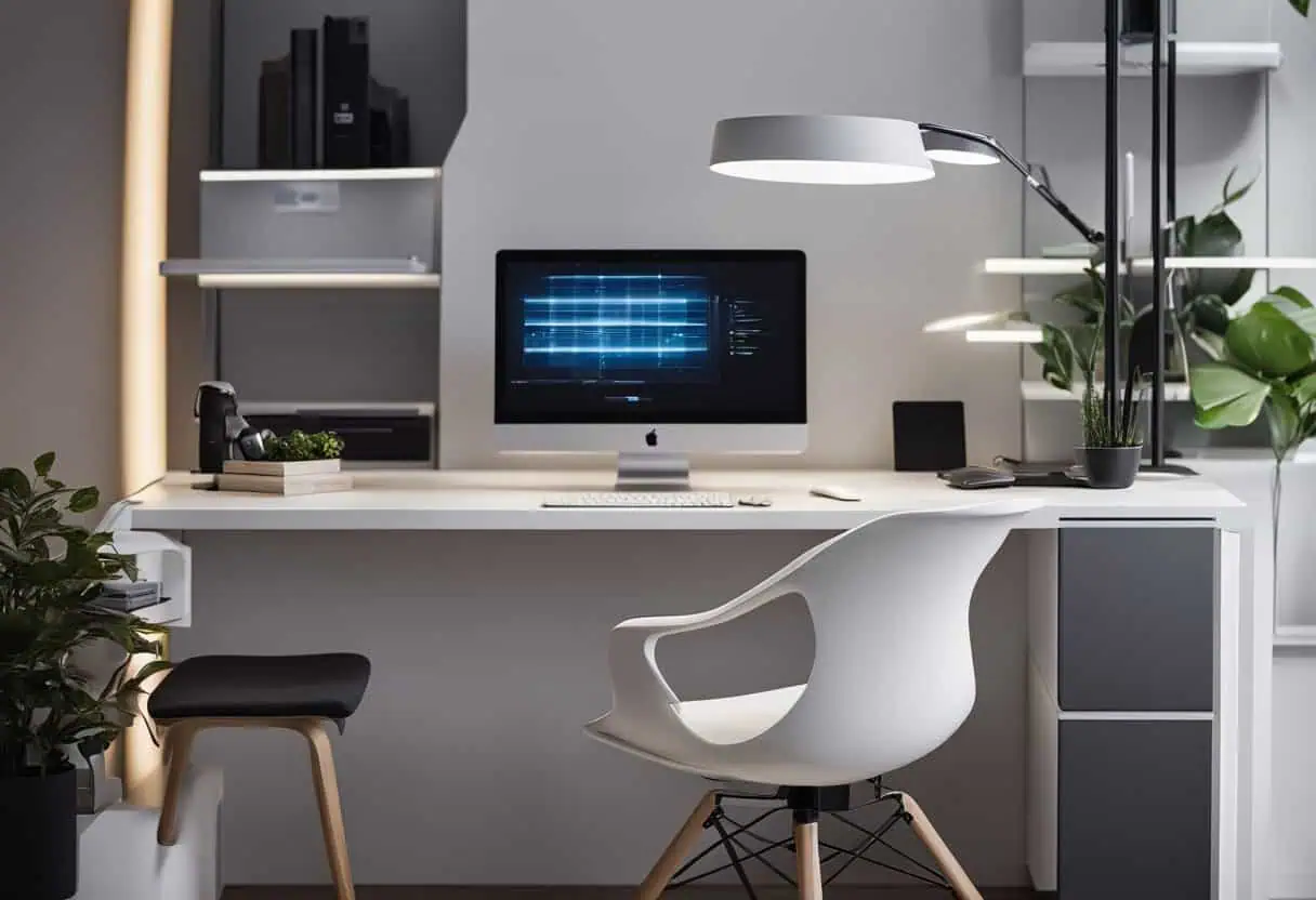 Office workspace with sleek modern furniture and ergonomic chair.